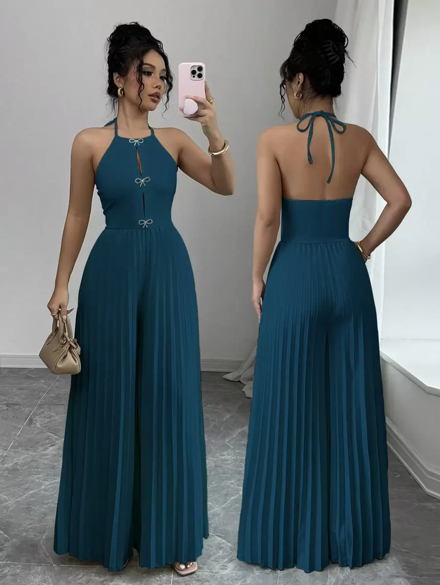 SHEIN Privé 优雅杏色挂脖系带前镂空金属水钻蝴蝶结褶皱阔腿女式连体裤 - 藍色 - 查看 1