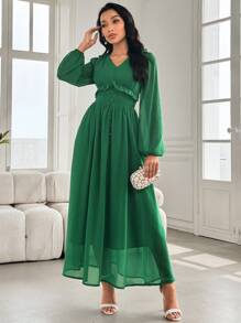 Modelyn Women's High-End Luxurious Chiffon Green Long Sleeve Ruffle Hem Dress - Green - View 6