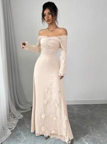 Modelyn Mesh Off-Shoulder plissiertes figurbetont langes Kleid mit Ärmeln für Damen