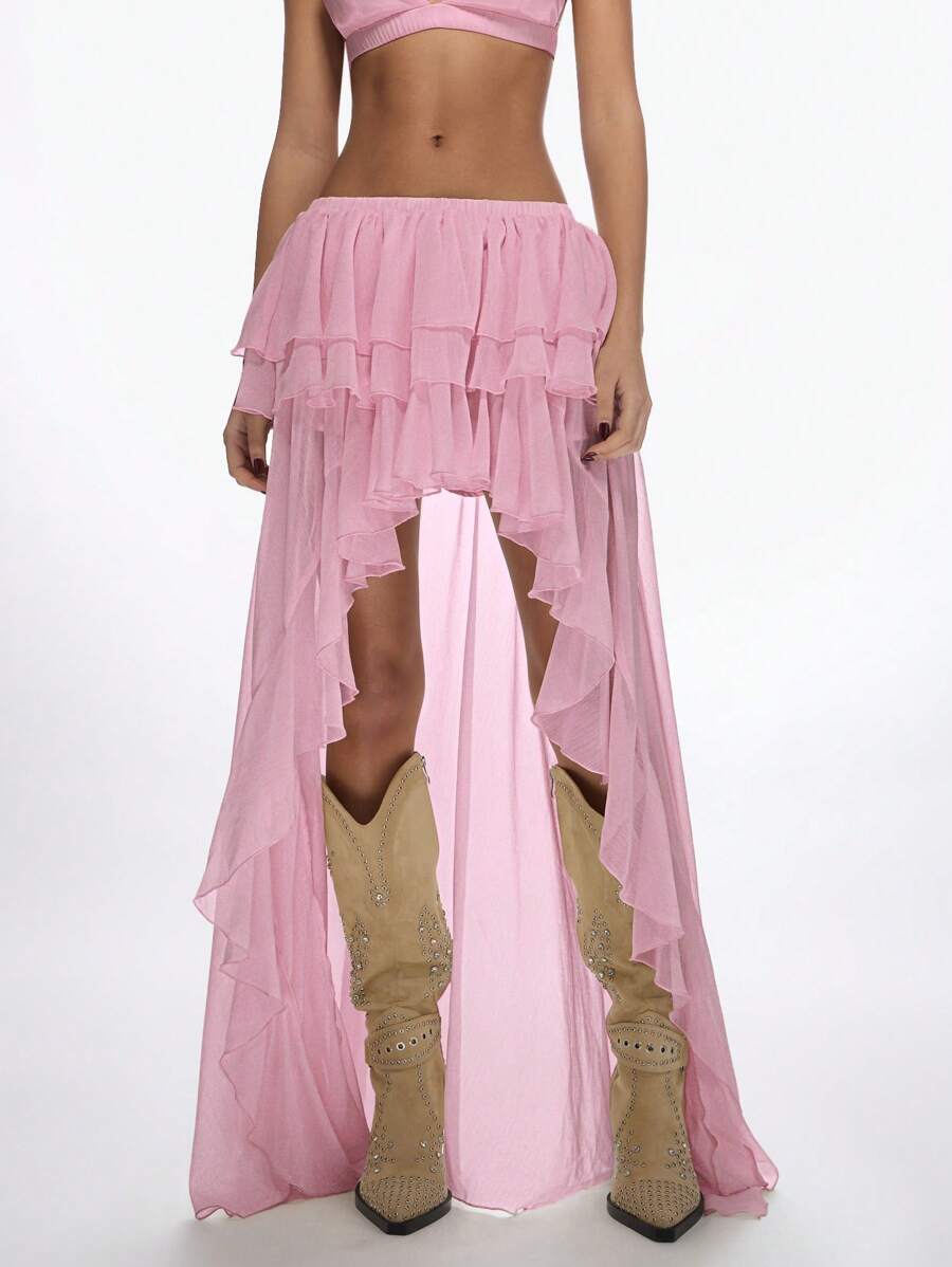 MISSGUIDED Ruffle Tiered High Low Waterfall Maxi Skirt Festival Boho Chic Western Concert Dance Performance Party Evening Special Occasion Wear - Pink - View 1