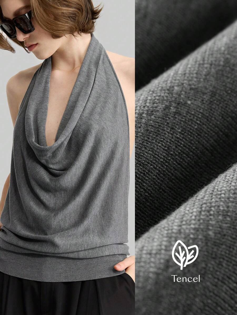 Ontre Women's Elegant Sexy Solid Color Halter Plunge Neck Backless Knit Top