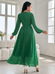 Modelyn Women's High-End Luxurious Chiffon Green Long Sleeve Ruffle Hem Dress - Green - View 2