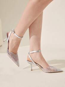 CUCCOO CHICEST Women's Pearl & Rhinestone Transparent Silver Foil Closed Toe Stilettos, Sexy Elegant Pointed Toe Mules For Christmas