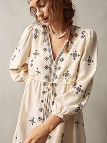 Bohemela Vacation Embroidered Decor Women Mini Dress - Beige - View 2