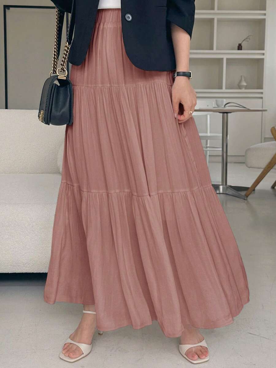 DAZY Chân váy dài chữ A bằng chiffon phối nhiều mảnh, xếp ly dành cho nữ - Hồng - Xem 1