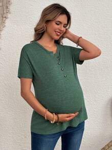SHEIN Maternity Summer Simple Button Front Crew Neck Casual T-Shirt Top - Olive Green - View 3