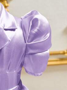 SHEIN Babygirl Summer Cute Satin Purple Short Sleeve Dress & Mesh Skirt Set - Mauve Purple - View 4