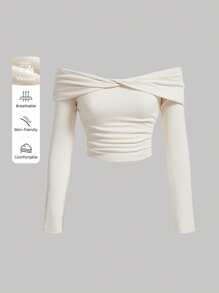 SHEIN MOD 女士Y2K纯色露肩长袖扭结褶皱时尚T恤 - 米色 - 查看 5