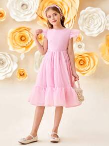 SHEIN Tween Girls 甜美欧根纱褶皱荷叶边 V 形后背蝴蝶结装饰优雅粉色连衣裙，公主裙适合毕业舞会、生日派对、春季旅行、花园茶、情人节、花童 - 粉色 - 查看 6