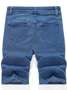 SHEIN Pantalones cortos vaqueros blancos rasgados y deshilachados para adolescentes, para atuendos de primavera y verano de chicos adolescentes - Azul - Ver 2