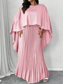Elenzga Plus Size Elegant 2 Pieces Set: Draped, Short-Front Long-Back Cape + Pleated Skirt - Baby Pink - View 5