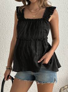 SHEIN Maternity Casual Textured Ruffle Hem Cami Tank Top, Summer - Black - View 1