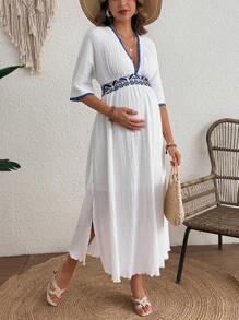 SHEIN Maternity Summer Vacation Casual Geometric Print Patchwork Split Dress - White - View 5