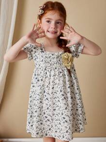 Blossori Young Girls' Elegant French Style White Ground Gray Ditsy Floral Jacquard Fabric Collared A-Line Dress, Spring/Summer - Multicolor - View 4