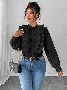 Rometta Áo cánh xếp ly thời trang tay dài màu trơn cỡ lớn cho nữ - màu đen - Xem 6