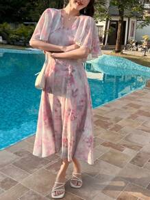 DAZY V-Neck Floral Print Ruffle Sleeve Mid-Calf Length Dress For Women,Fall Dress Long Sleeve Dress Vacation Outfits Women - Pink - View 6