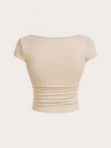 SHEIN BAE Set de 3 camisetas de manga corta con cuello en U y fruncido, de ajuste ceñido, versátiles para el verano, para mujeres - Multicolor - Ver 4