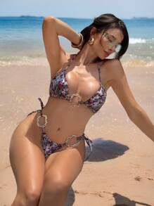 Swim SXY 女士猎豹与花卉印花性感节日比基尼套装，带金属装饰、吊带上衣和下装 - 彩色 - 查看 5