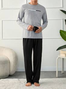 RueChic Men Letter Printed Regular Longsleeve Homewear Set - Grey - View 4