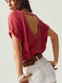 Bohemela BOHO Vacation Solid Color Knit V-Neck Short Sleeve Loose Backless Washed Women T-Shirt