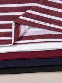 SHEIN Bộ 5 áo thun tay ngắn họa tiết sọc tương phản + màu trơn thường ngày cho bé trai, phù hợp mặc đi biển ngày lễ, mùa hè - Màu Đỏ Sâu - Xem 5