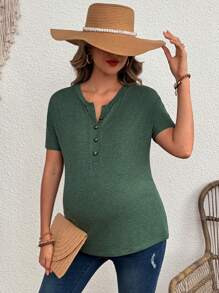 SHEIN Maternity Summer Simple Button Front Crew Neck Casual T-Shirt Top - Olive Green - View 1