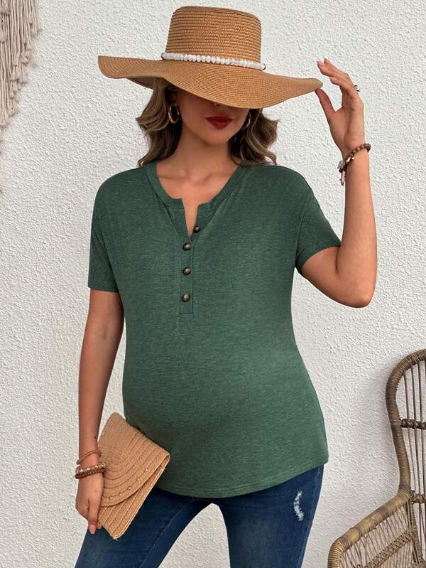 SHEIN Maternity Summer Simple Button Front Crew Neck Casual T-Shirt Top