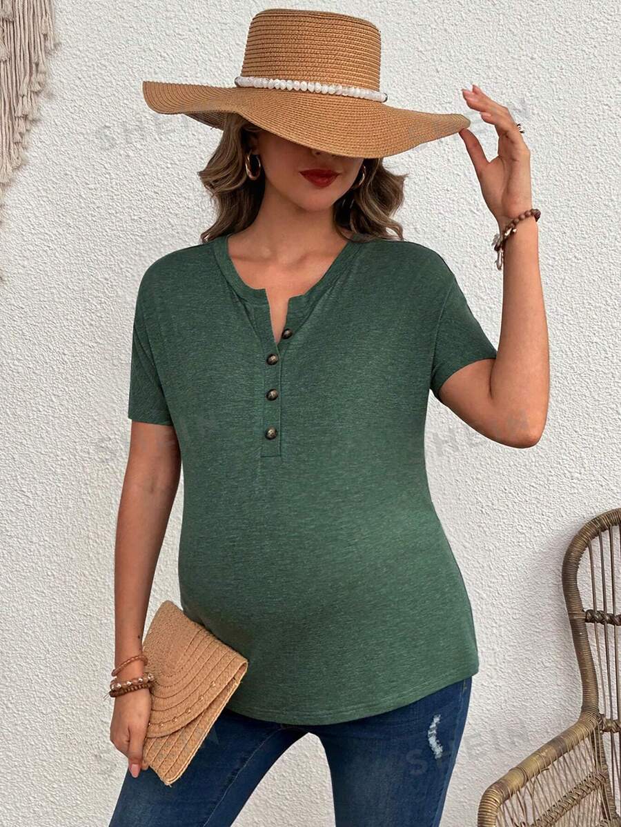 SHEIN Umstandsmode Sommer einfaches Knopf-Vorder Rundhals Lässig T-Shirt Top - Olivgrün - Übersicht 1