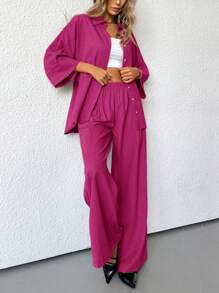 Aveloria Modichic 2 件套女士混合侧开叉宽松衬衫和高腰阔腿裤优雅商务休闲女士 - 玫紅色 - 查看 2