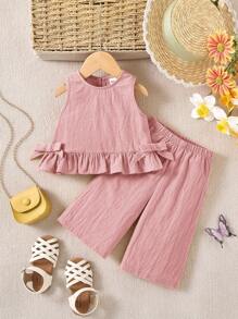Babymeisje Zomer Schattig Effen Kleur Ruffle Trim Camisole En Lange Broek Set