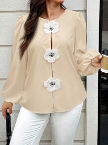 SHEIN LUNE Áo sơ mi dài tay màu trơn cỡ lớn, tối giản và thời trang cho mùa hè - Màu Khaki - Xem 3