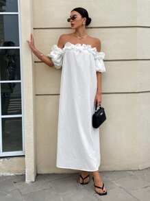 Siren Gaze Robe blanche, robe élégante à épaules dénudées et fente latérale de couleur unie pour dame - Blanc - Voir 4