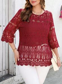 SHEIN Clasi Plus Size Women Elegant Solid Color Sheer Lace Blouse,Modesty Clothes Women,Crochet Top,Spring Outfits For Women,Red Top,Summer Tops,Vacation Style,Summer Outfits For Women,Summer Tops,Modesty Clothes Women,Floral,Shirts Women,Funny Shirts,Suitable For Everyday Elegant Wear,Vacation Outfits Woman,Summer Outfits For Women,Business Casual Woman,Going Out Tops Women ,Office Wear Women,Spring Outfits For Women,Festival ,Old Money, Short Sleeve Tops Women,Elegant Woman Clothing,Modesty Clothes Women,Casual Tops Women,Spring Break,St Patrick Day Shirt - Red - View 6