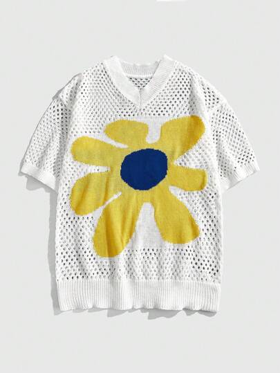 Street Life Herren Lässig Floral V-Ausschnitt Kurzarm Lochstrick-Top, Frühling/Sommer