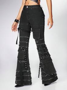 ROMWE Grunge Punk Punk Music Festival, Distressed Washed Design Low Waist High Stretch Slim Fit Flare Jeans For Women - Black - View 5