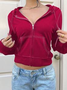 SHEIN EZwear Women Contrast Color Drawstring Hooded Cropped Hem Sweatshirt,Graduation,Teacher,Back To School Pullover Fall - Burgundy - View 5