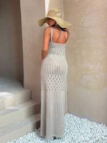 RueChic Boho Knit Spaghetti Strap Maxi Dress - Summer Beachwear Cover-Up - Camel - View 2