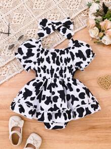 2pcs/Set Baby Girl Fashion Leopard Print Ruffled Hem Dress And Headband Set For Summer - Black and White - View 2