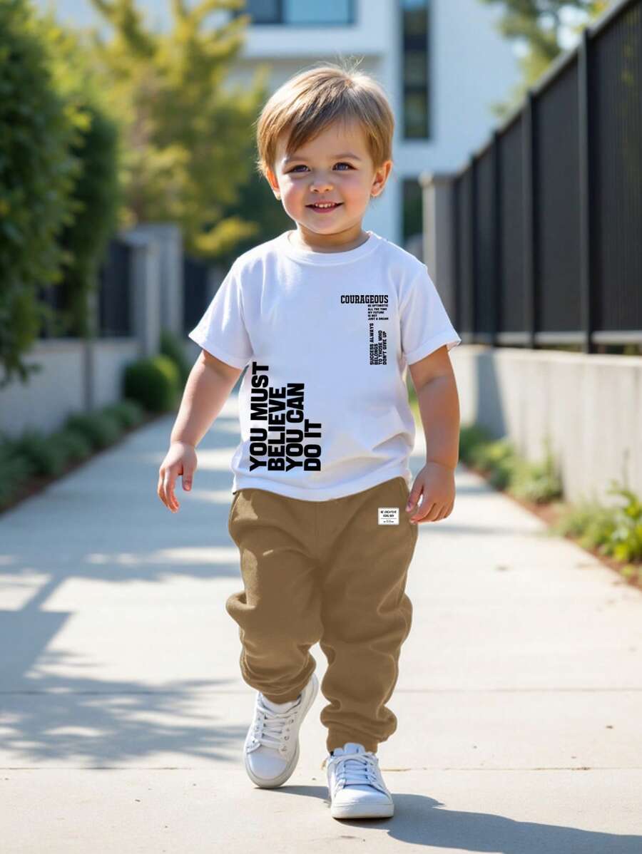 SHEIN 2pcs/Set Young Boy Casual Simple Round Neck Short Sleeve T-Shirt And Pants Set, Suitable For Summer