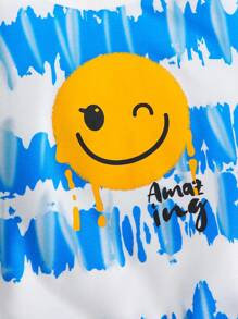 SHEIN 2 件套幼儿休闲长袖 T 恤和短裤套装，带有顽皮表情图案 - 藍色 - 查看 5