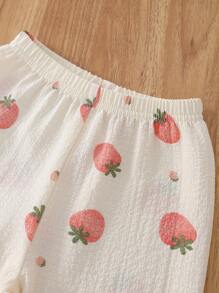 Genkimix Kids 2pcs Baby Girl Strawberry Print Crepe Woven Short Sleeve Cardigan With Collar & Ruffles & Pants Homewear Set, New Design,Summer,Travel - Apricot - View 7