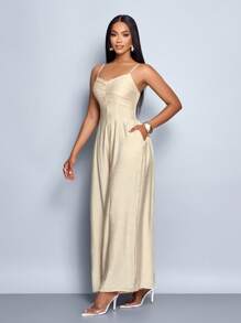 SOLERSUN 女式垂褶前垂领系带露背阔腿吊带连体裤，适合日常穿着和度假 - 杏色 - 查看 4