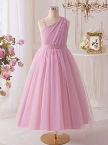 SHEIN Glamorique Kids Tween Girls Sleeveless Ruched Waist Long Dress, Elegant Design For Party, Wedding, Events