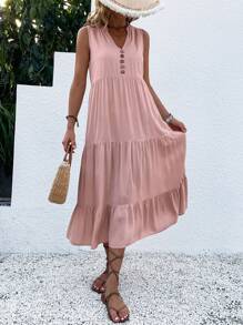 EMERY ROSE Button Detail Layered Hem Smock Dress Maxi Women Outfit - Pink - View 6