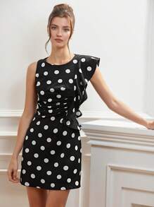 Aveloria Rosie Vestido minifalda plisado elegante y delgado para mujer con cuello redondo, diseño de lunares de contraste, volantes asimétricos y cintura fruncida, de estilo chic y de alta gama