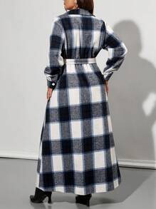 SHEIN Privé Women Plus Size Plaid Cinched Waist Waist Dress, Elegant Long Style Suitable For Commuting, Autumn/Winter - Blue - View 2
