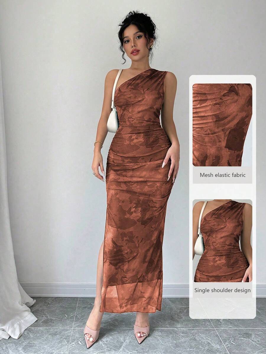 Selianne 夏季优雅不对称领口无袖印花侧开衩修身连衣裙长款女装