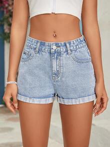 SHEIN Tall Women's Summer Casual Washed Rolled Hem Denim Shorts, Tall Women Vacation Light Blue - Blue - View 6