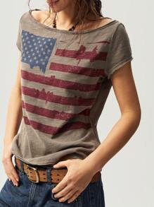 Bohemela 夏季图案西部风格纯色针织船领短袖女式T恤 - 灰色 - 查看 6