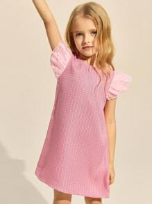SHEIN Young Girls Elegant Pink Woven Ruffle Sleeve Round Neck Dress - Pink - View 5